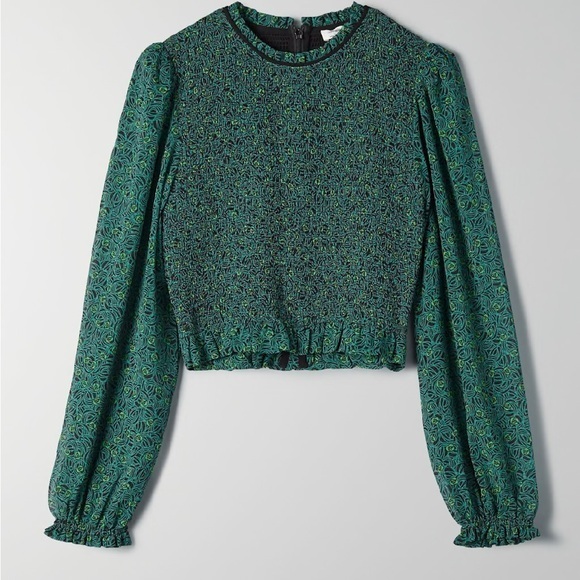 Wilfred | Aritzia Lilith Blouse, Black + Green Print Ruffle Hem Cropped Xs